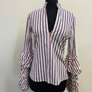 Anthropologie Greyson Small Striped Blouse V-Neck Bell Sleeve Red‎ White Blue